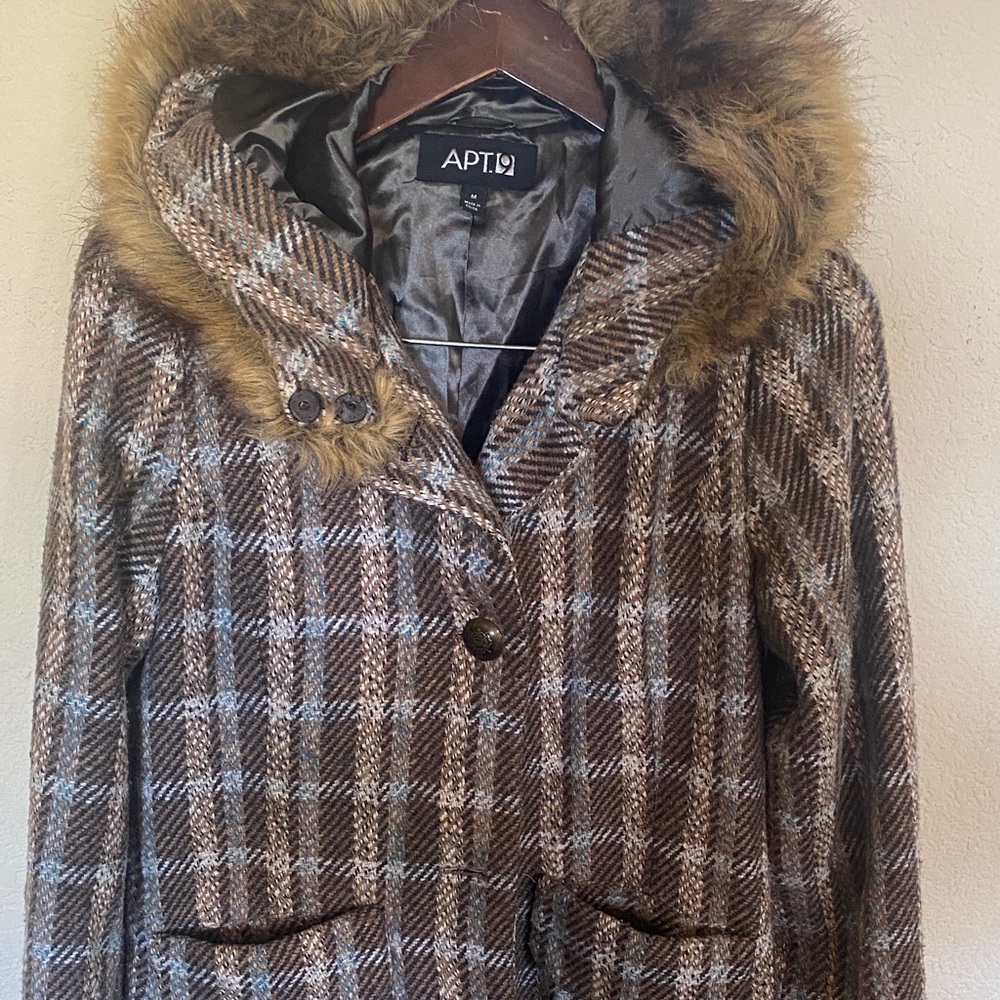 Apt. 9 Women's Brown Plaid Pea Coat with Faux Fur